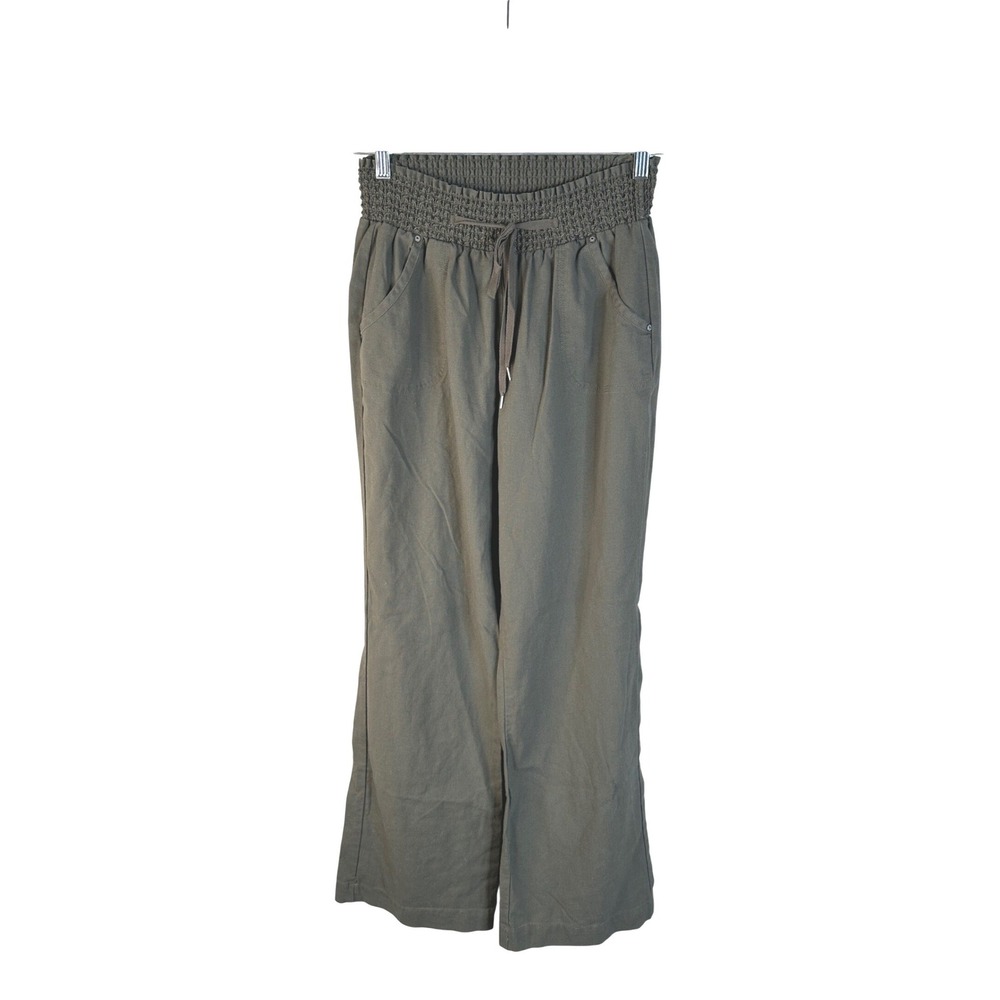 Sono Women's Olive Green Smocked Waist Linen Blend Wide Leg Pants Size Medium